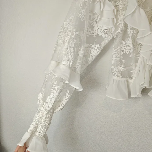 For Love & Lemons Holiday Lace Blouse (SAMPLE) Silk Top S Romantic Sheer Lace - Picture 11 of 16